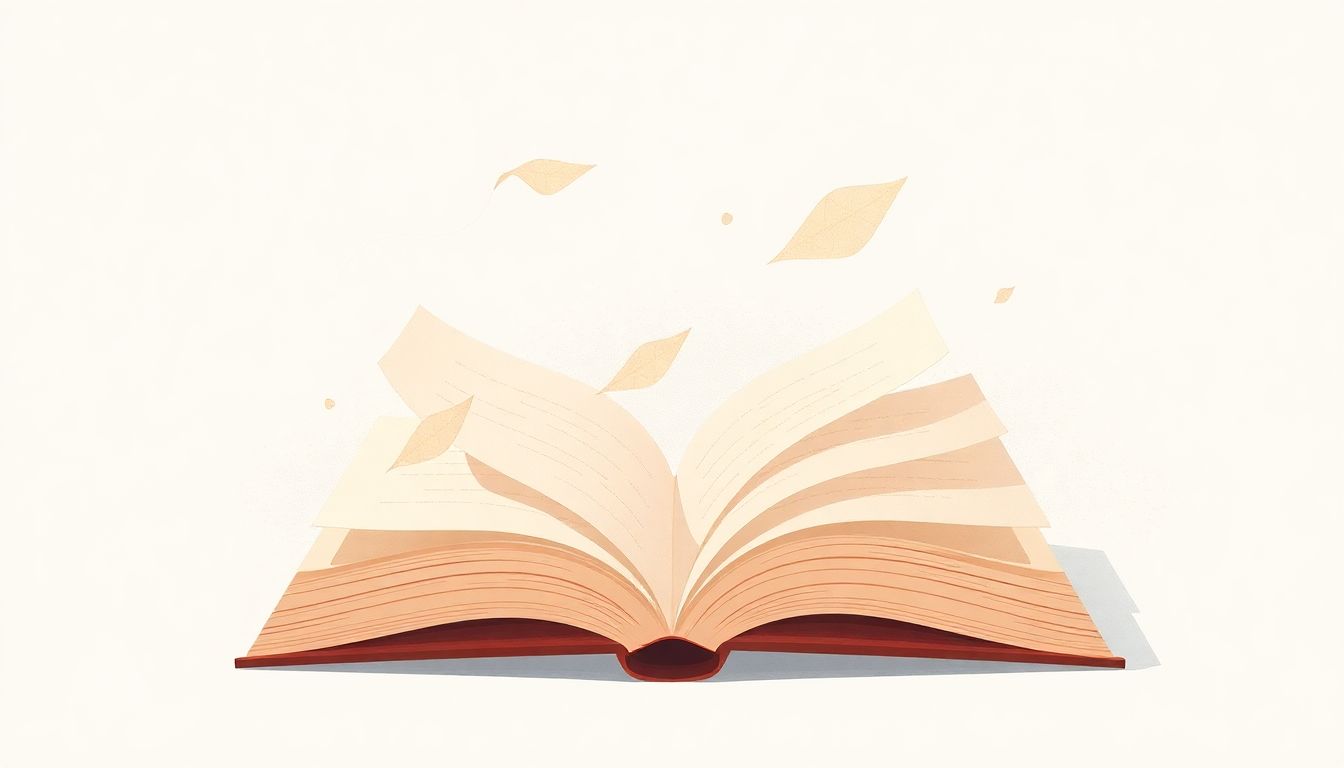 Open book with floating pages representing various stories, surrounded by a soft, abstract background of swirling ink and brush strokes in calming colors.
