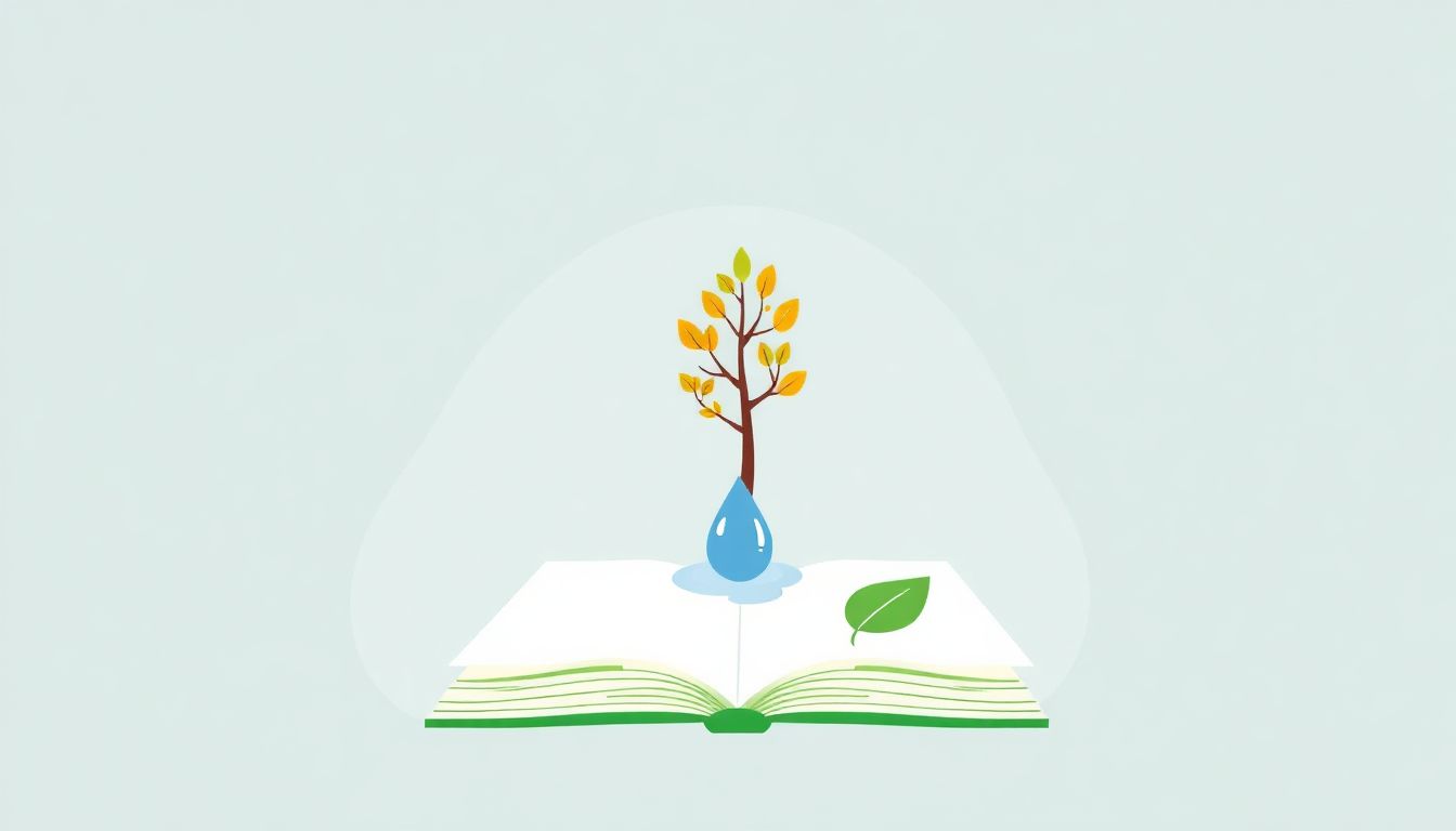 Minimalist illustration of a vibrant tree, a water droplet, and a book with a green leaf emblem, signifying eco-friendly publishing and sustainability.