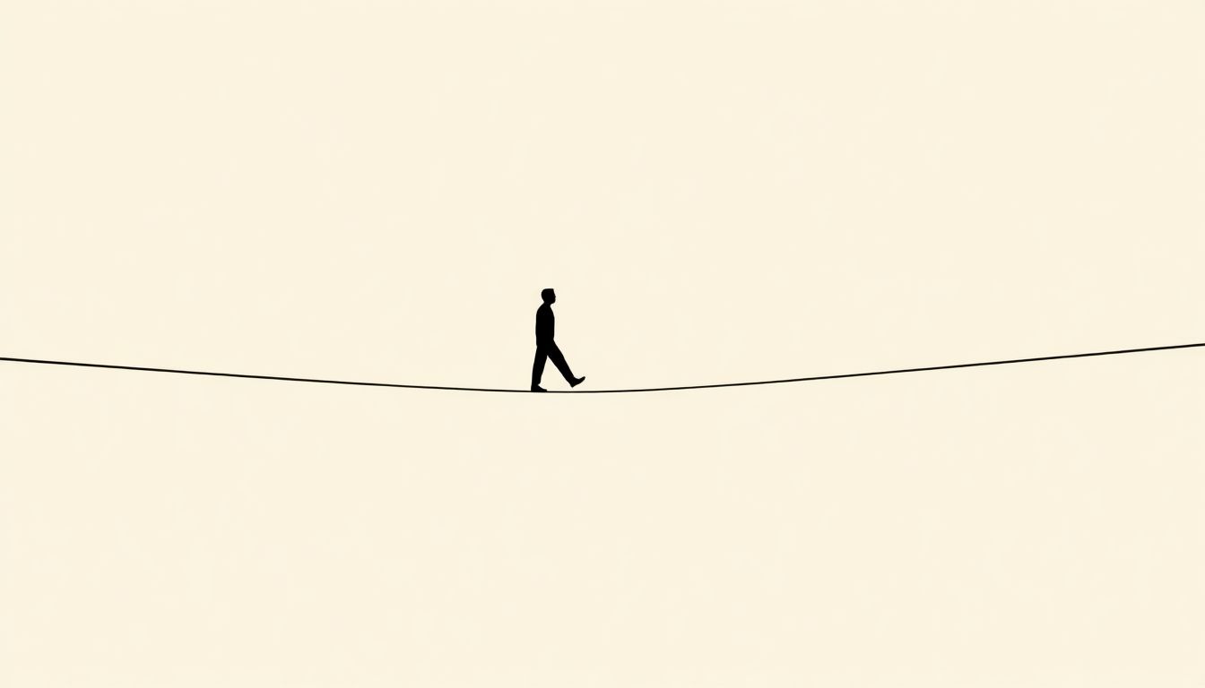 A minimalist illustration of a tightrope walker gracefully balancing on a thin wire, symbolizing the art of satire with clean lines and a simple background.