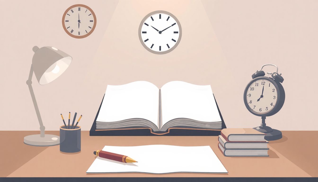A minimalist illustration of a writer's desk featuring an open notebook, a vintage pen, a clock, and a soft glow, with a focus on clarity and storytelling.