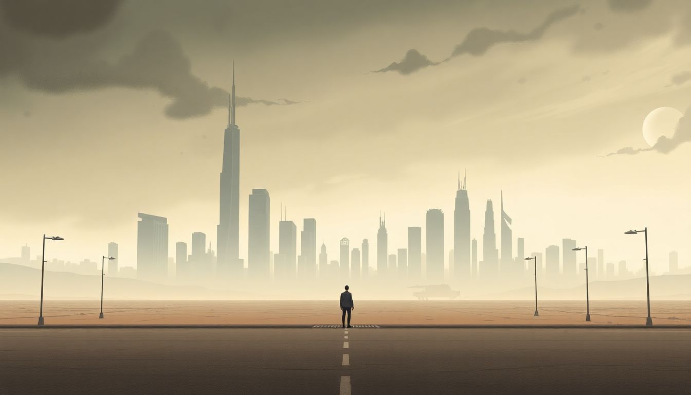 A minimalist illustration of a dystopian city skyline under a moody overcast sky, featuring an isolated figure on a deserted street, using muted tones and simple lines to convey solitude and bleakness.