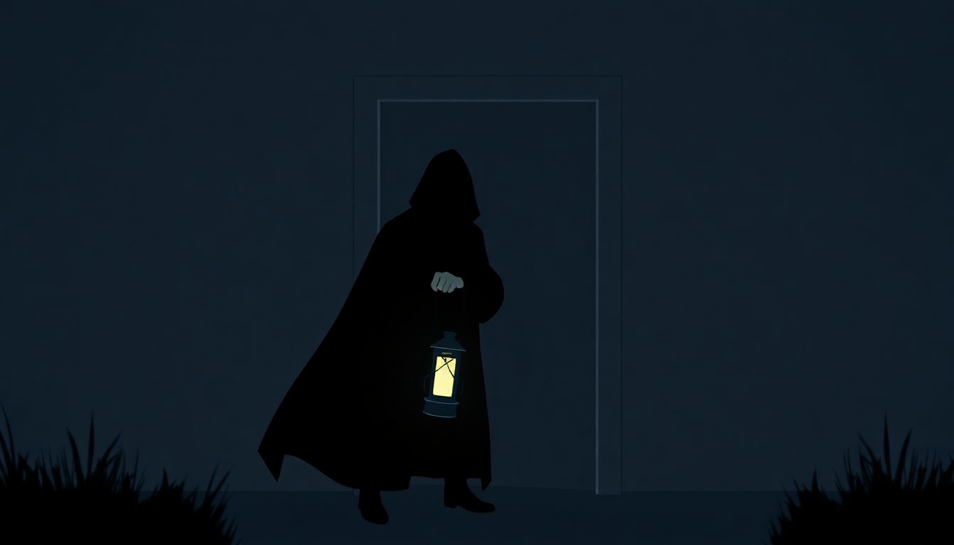 Welcome to our Blog Shadowy figure holding a lantern in a dimly lit scene, with a glowing clue and an ajar door, set against a muted color palette and minimalistic design.