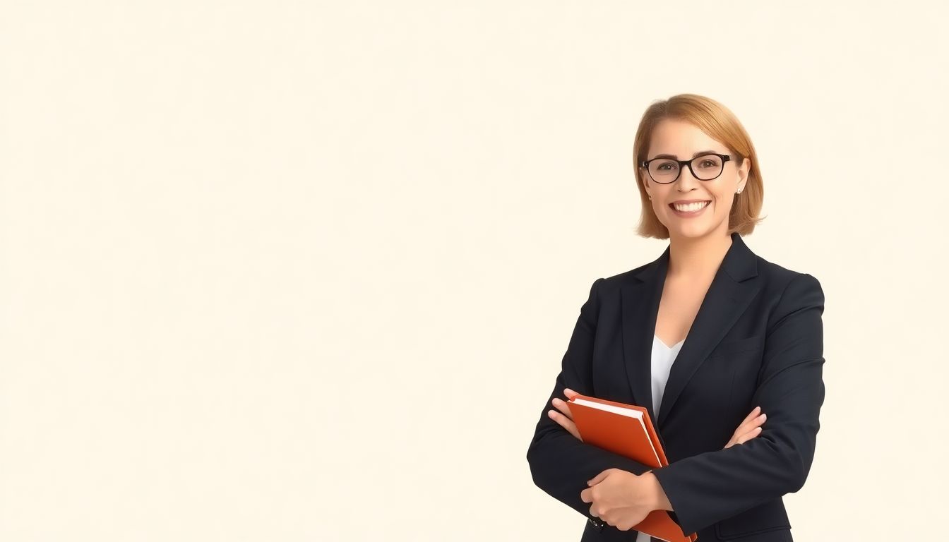 Welcome to our Blog A confident author in professional attire, smiling warmly, holding a pen, against a soft, minimalistic background.