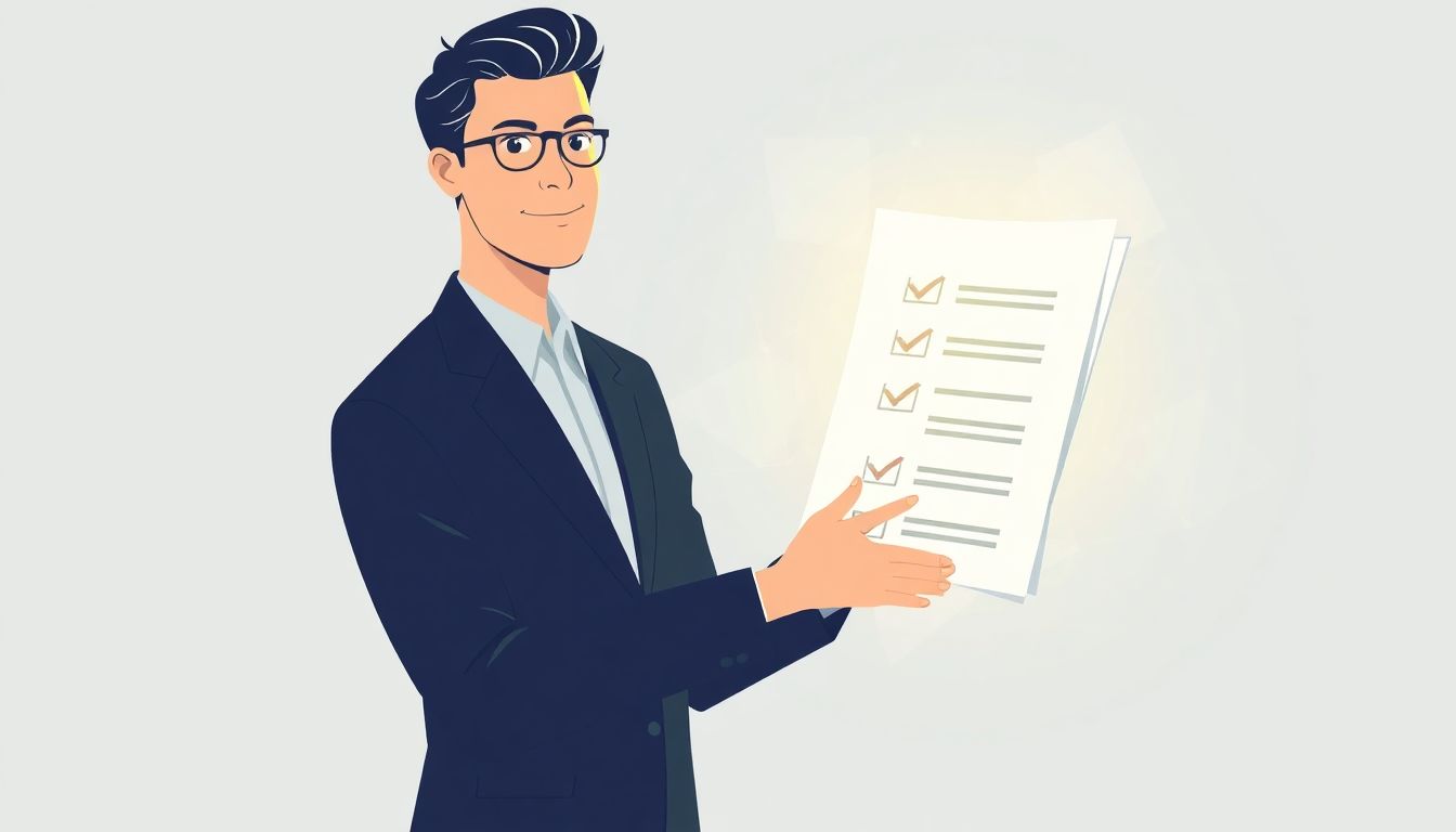 Welcome to our Blog A calm, confident professional holds a glowing document or checklist, set against a subtle abstract background, conveying clarity and reassurance through minimalistic design in light blues and whites.