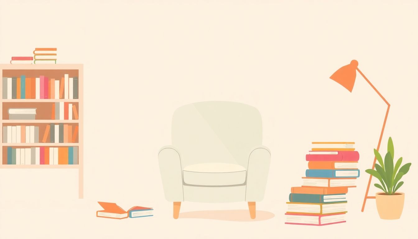 Welcome to our Blog Minimalist illustration of a cozy reading nook featuring a comfortable armchair, a small stack of colorful books, and a warm color palette, evoking a sense of calm and joy.