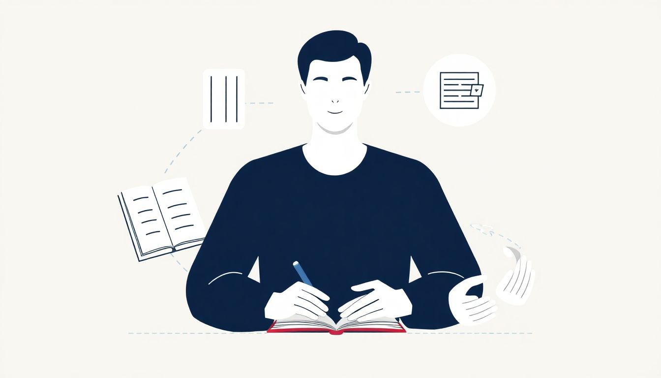Welcome to our Blog Minimalistic illustration of a writer surrounded by symbols of diverse income streams: a book, a digital course icon, and collaborative hands, all within a soft color palette and elegant lines.