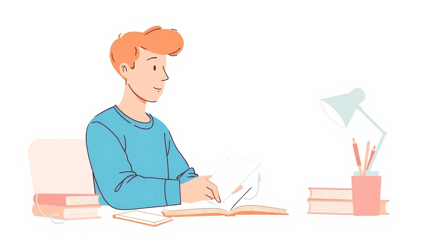 Welcome to our Blog Minimalist illustration of a person sitting at a cozy desk, confidently beginning to write in a notebook on a clean, simple surface, with soft colors and a calming atmosphere.