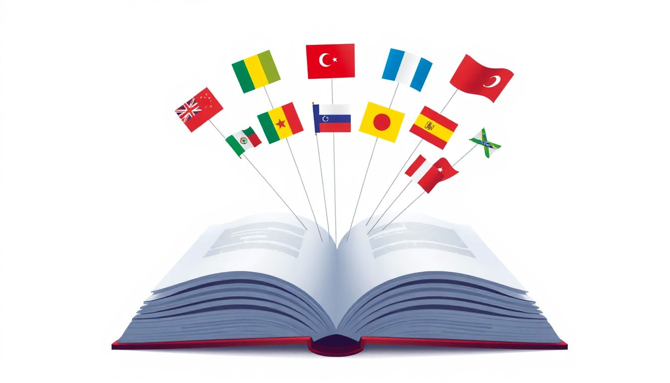 Welcome to our Blog Open book with colorful language flags flowing out, set against a clean, soft pastel background.