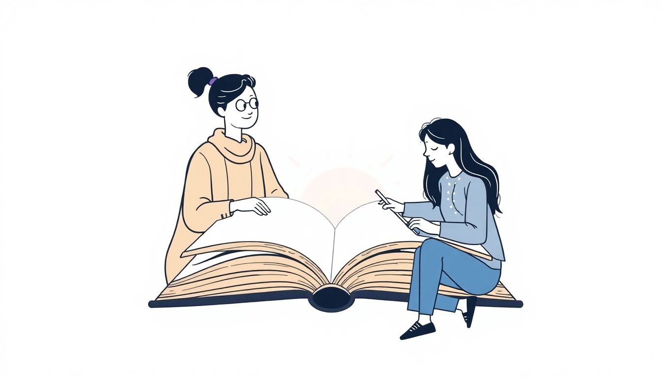 A wise, friendly book coach guiding a hopeful writer near a large open book, enveloped in a soft glow, set against a clean, minimalist background.