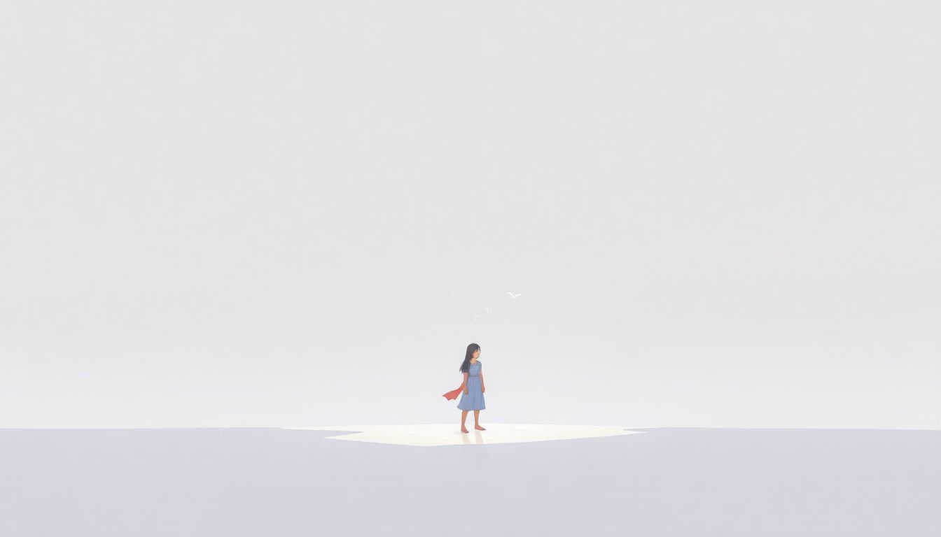A captivating character stands alone in a minimalist fantasy landscape, surrounded by soft lighting and subtle textures, hinting at a magical environment.