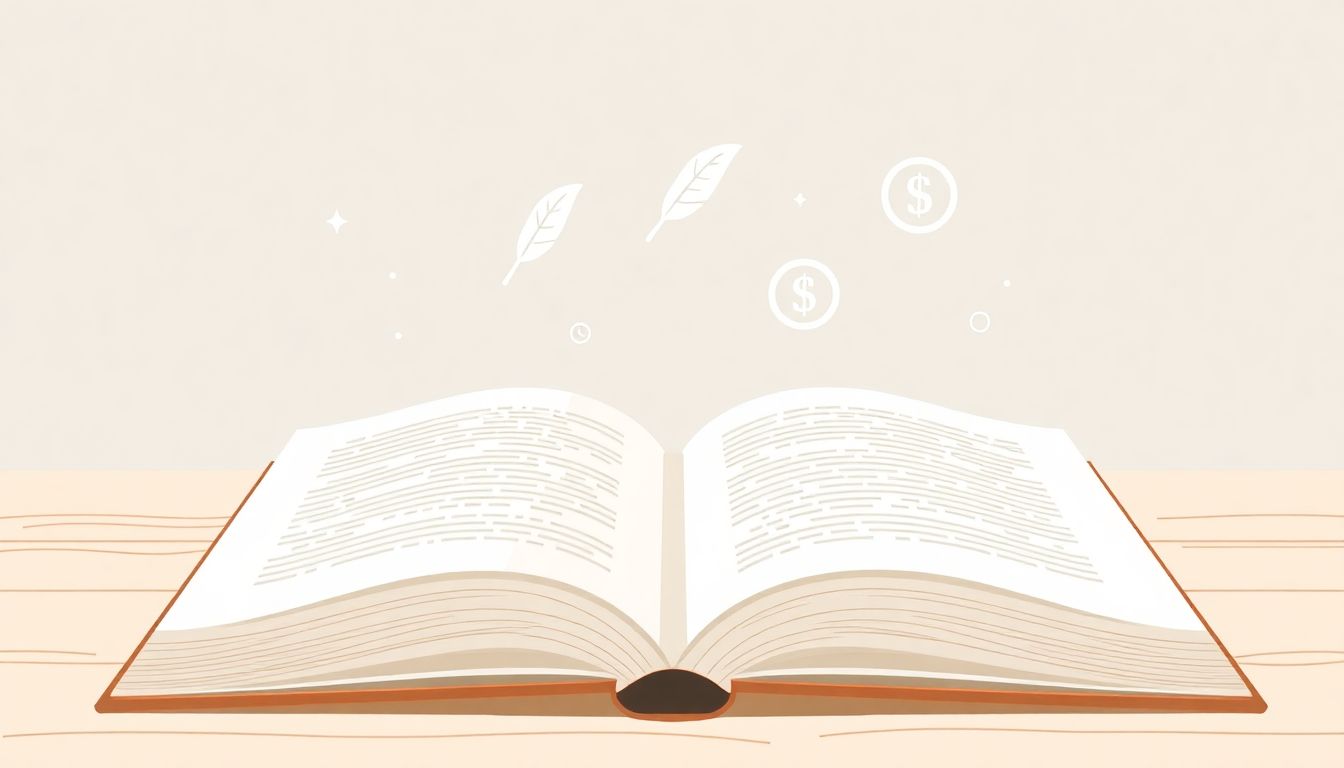 Illustration of a clean open book with floating icons representing publishing concepts, including a quill, magnifying glass, and dollar sign, in soft muted colors.