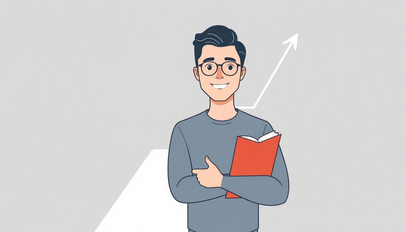 Automateed Newsletter Illustration of a confident author holding a book in front of a simple abstract chart representing sales projections, featuring clean lines and soft colors.