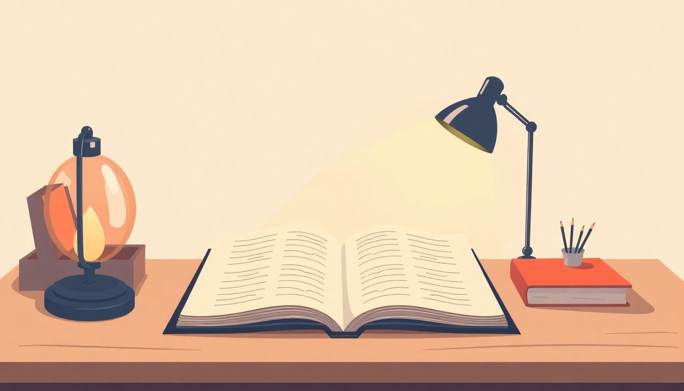 Automateed Newsletter Minimalist illustration of a cozy writer’s desk with an open notebook and a softly glowing lamp, set against a calm background.