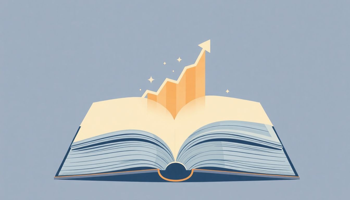 Automateed Newsletter Minimalist illustration of an open book with an upward-trending financial chart emerging from the pages, representing author income growth.