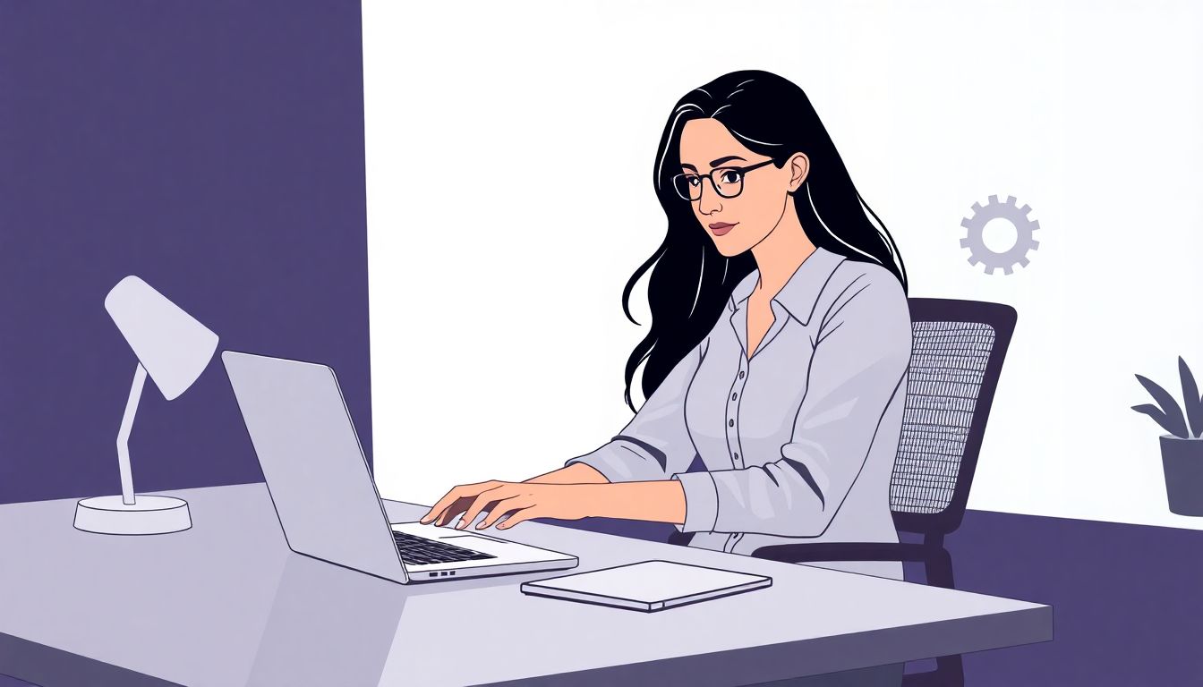 Automateed Newsletter A calm, confident digital publisher working at a sleek desk with a laptop, featuring subtle gears and AI symbols to suggest automation, in a minimalistic style with clean lines and a soft color palette.