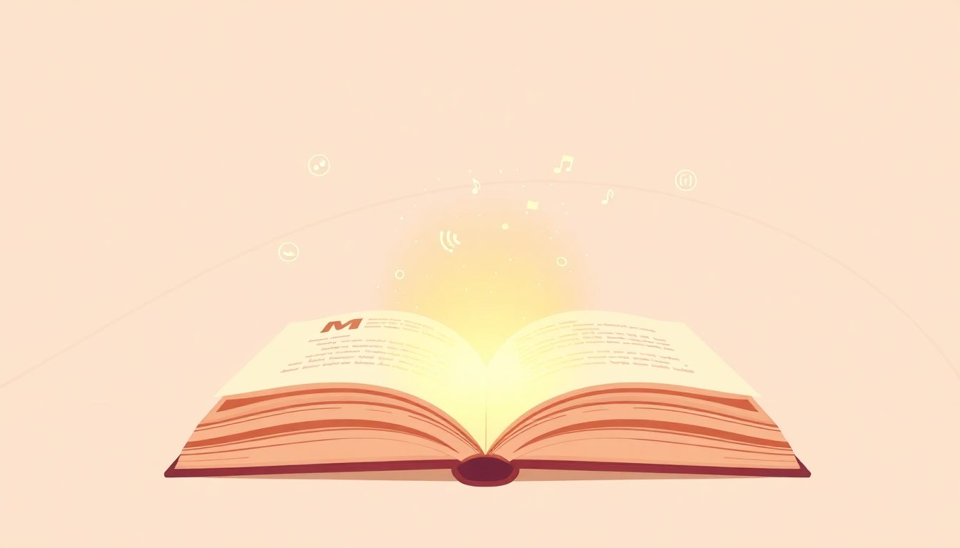 Automateed Newsletter Minimalist illustration of an open book with a glowing excerpt emerging from its pages, set against a simple background featuring subtle social media icons and audio waves, all in soft colors and clean lines.