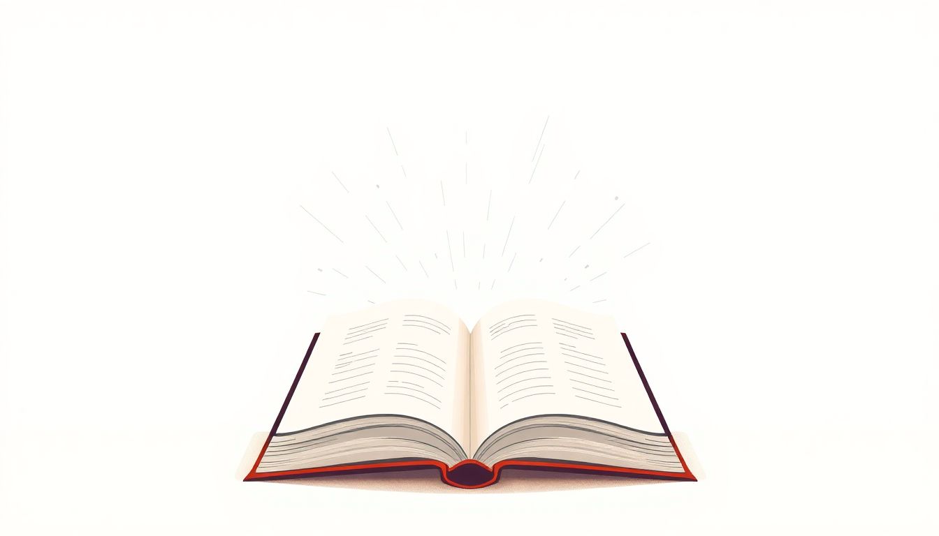 Illustration of an open book with dynamic lines emanating from it, set against a clean, textured background in soft, warm colors, symbolizing powerful storytelling.