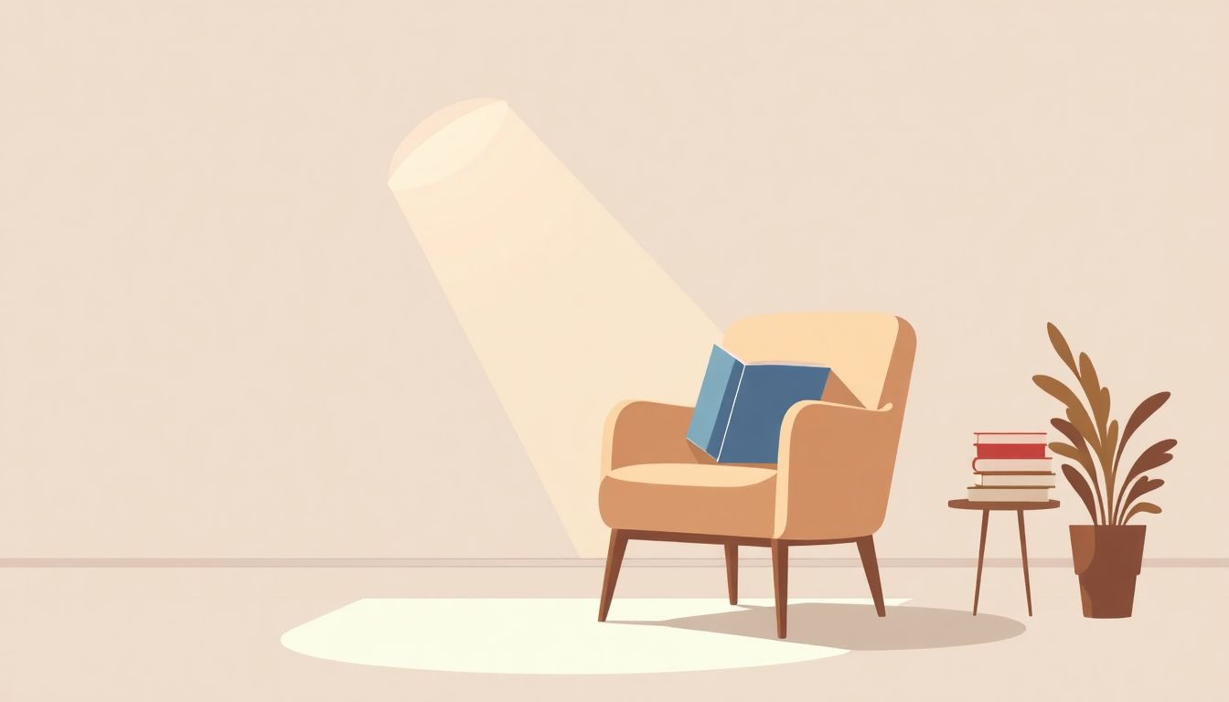 Welcome to our Blog Minimalist illustration of a cozy reading scene featuring an elegant chair with a book, warm soft lighting, a small stack of books, and a gentle glow suggesting data insights.