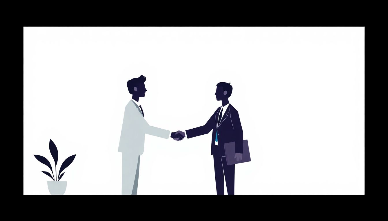 Welcome to our Blog Minimalist illustration of two figures shaking hands and exchanging ideas in a professional setting, against a clean background with soft colors, symbolizing a strong publishing partnership.