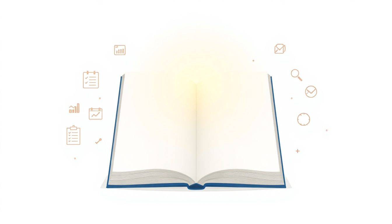 Welcome to our Blog Minimalist illustration of a sleek, open business notebook emitting a subtle glow, with abstract icons of checklists, guides, and tools in a clean, light-toned background.