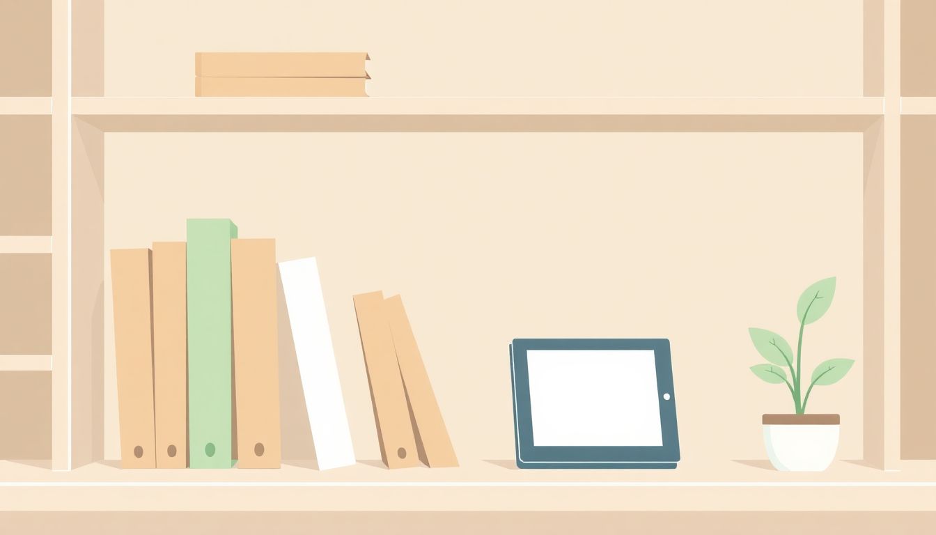 Welcome to our Blog Minimalist illustration of a sleek bookshelf with sustainable books and a digital e-reader, accented by a small plant.