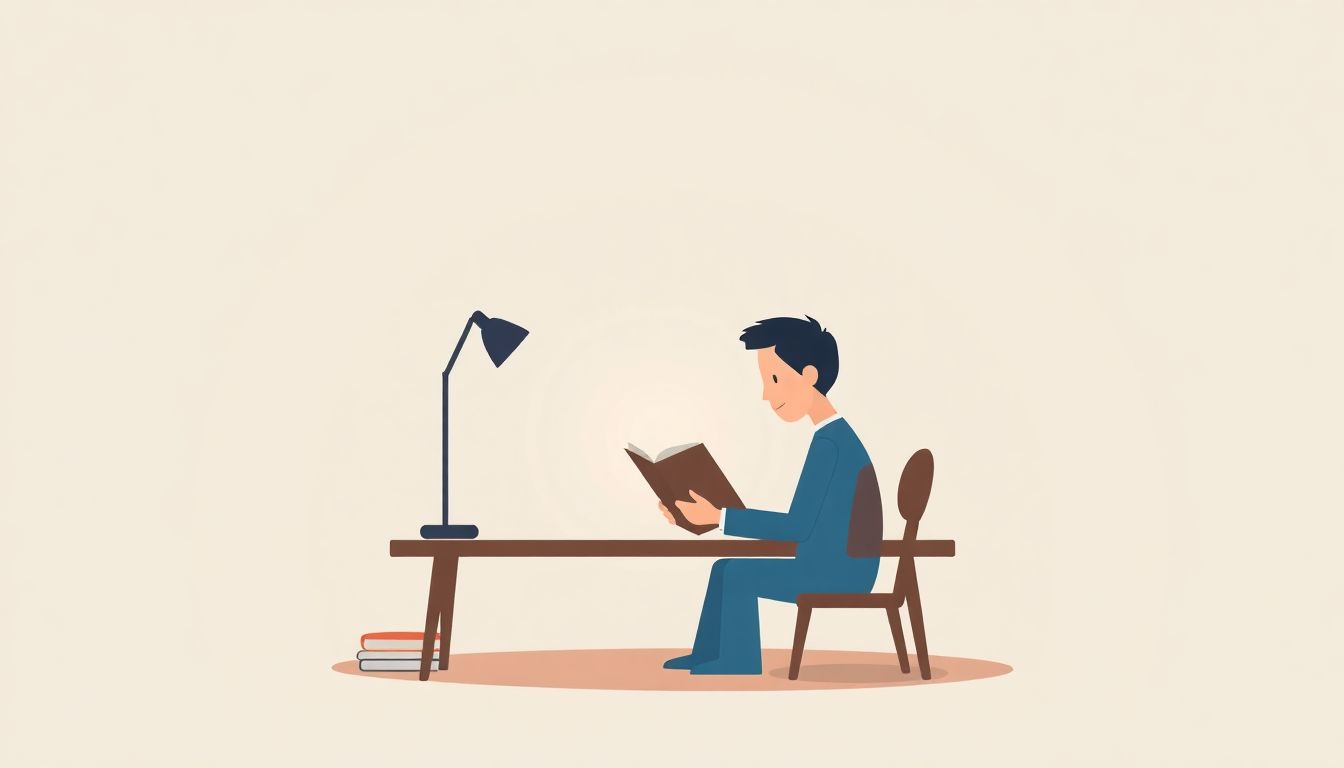 Welcome to our Blog An illustration of a focused storyteller at a desk with an open book, surrounded by a calm, minimalistic background in soft, muted colors.